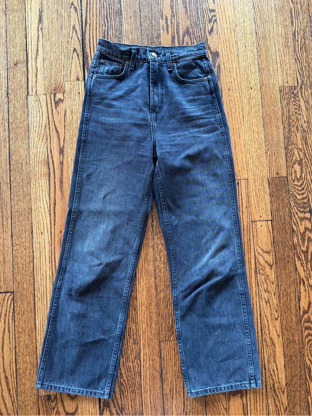 B Sides Louis Long High Straight Jeans Washed Black Rigid 100% Cotton USA Size 2